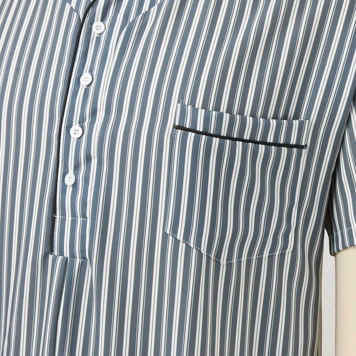 Men's striped lounge shirt with V-neck button placket and chest pocket Mune Fashion