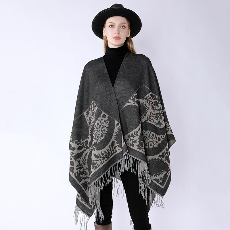 Women's Oversize Cloak Poncho with Floral Medallion Jacquard and Fringe Hem Mune Fashion