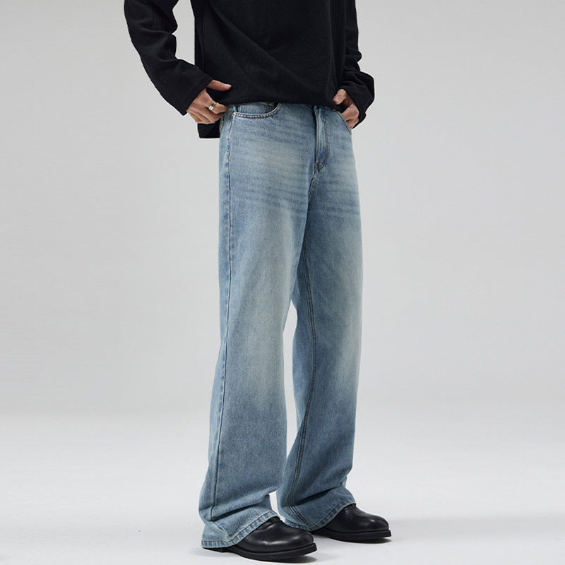 Men's Lightly Washed Ultra Wide Denim Marlene Trousers with Floor-Length Hem Mune Fashion