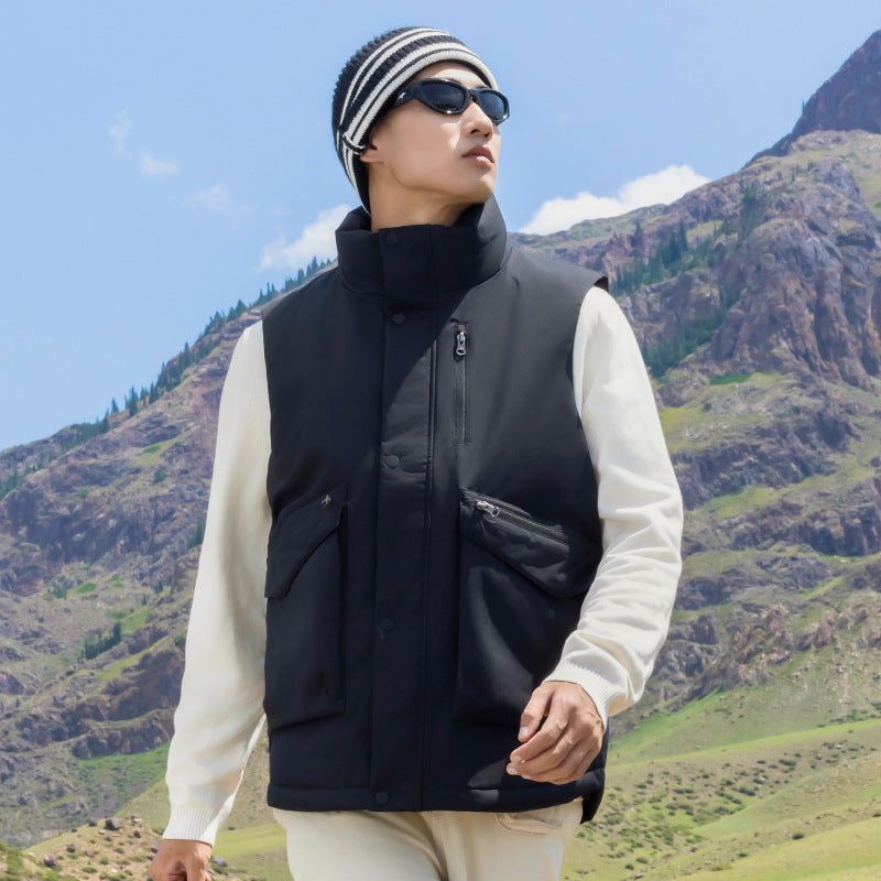 Men's quilted vest with high stand-up collar and multifunctional zip pockets Mune Fashion