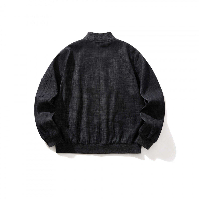 Men's cropped boxy denim bomber jacket with zipper, insert pockets, and sleeve zipper Mune Fashion