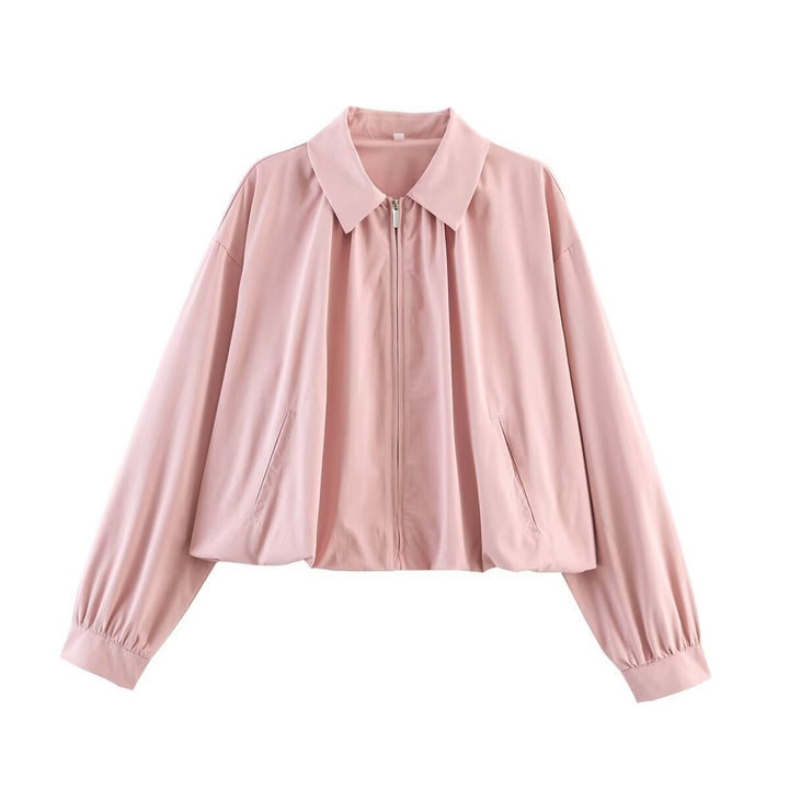 Women's cropped blouse with shirt collar, front zipper and gathered sleeve cuffs Mune Fashion
