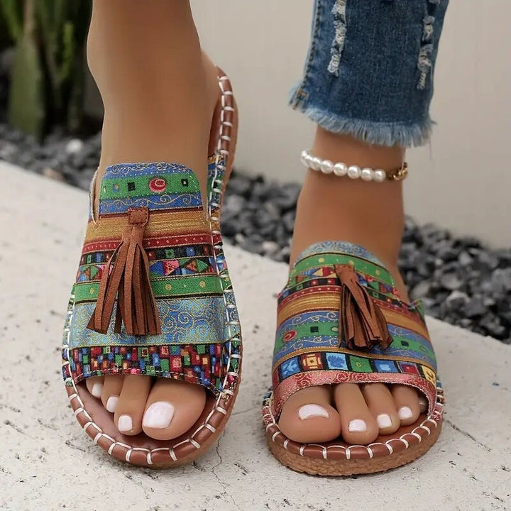 Women's Boho-Ethno-Tassel-Slides with Braided Sole and Padded Insole Mune Fashion