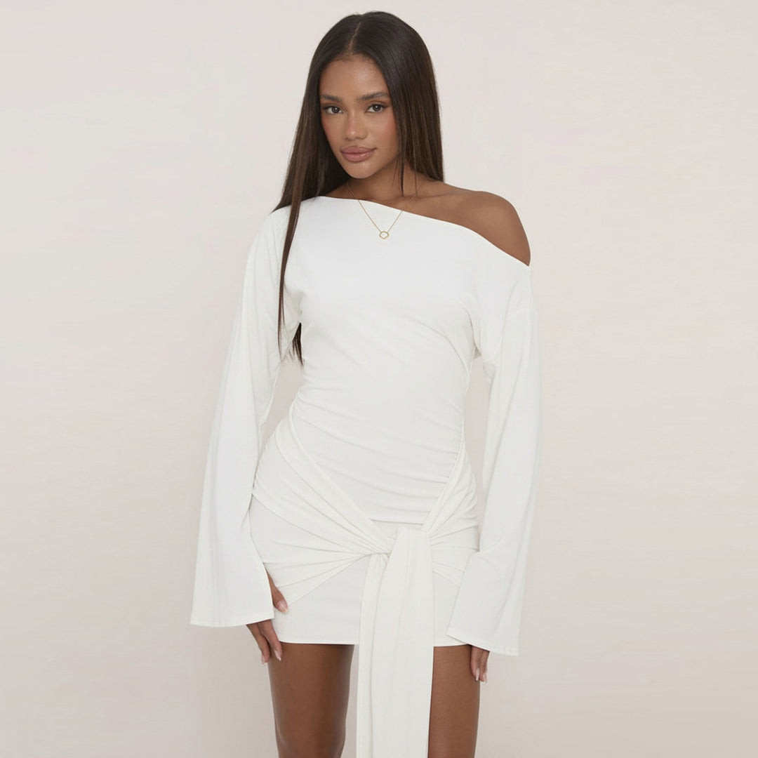Women's fitted wrap shirt with wide trumpet sleeves and extra long tie band Mune Fashion
