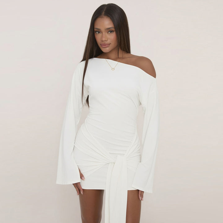 Women's fitted wrap shirt with wide trumpet sleeves and extra long tie band Mune Fashion