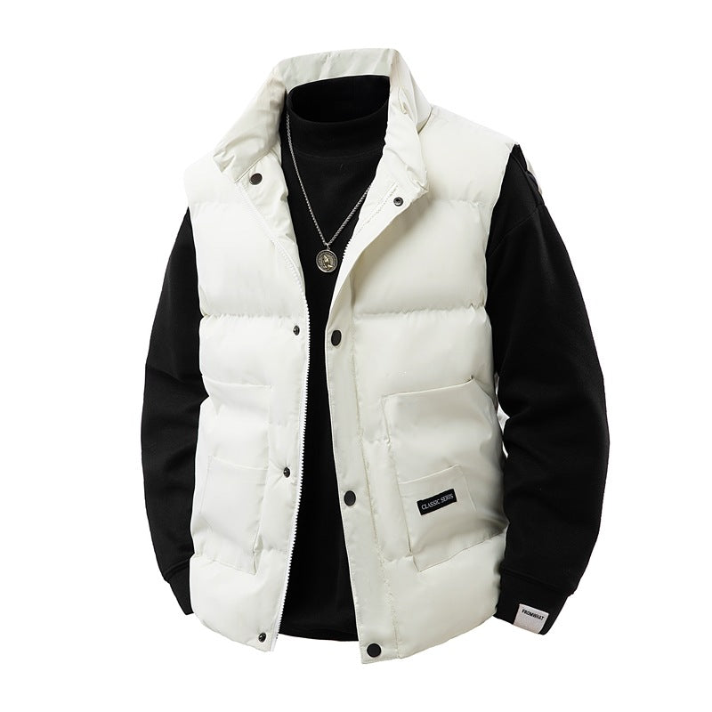 Men's thermo quilted vest with high collar trim, snap button front & mounted utility pockets Mune Fashion
