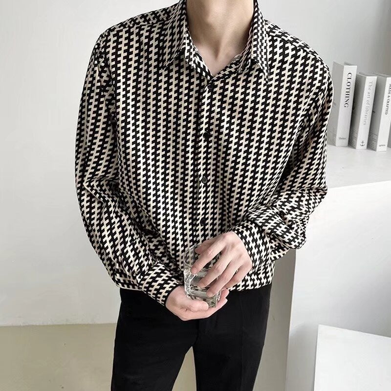 Men's Patterned Oversized Shirt with Houndstooth Motif and Classic Shirt Collar Mune Fashion
