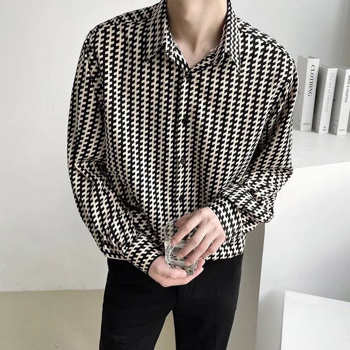 Men's Patterned Oversized Shirt with Houndstooth Motif and Classic Shirt Collar Mune Fashion