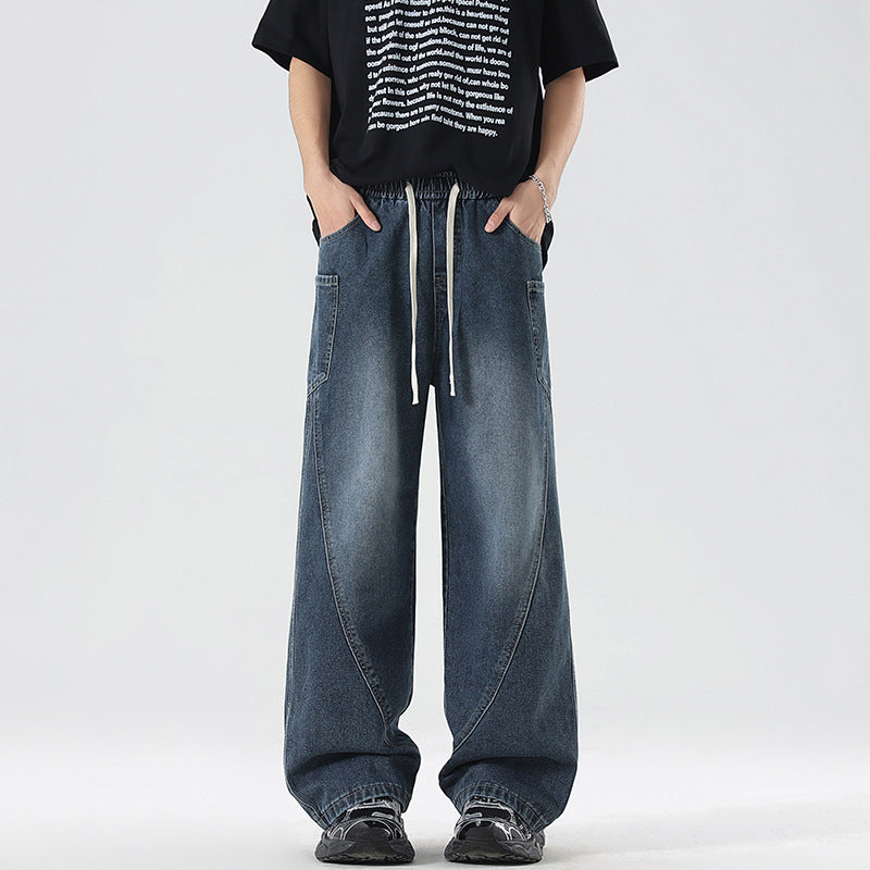 Men's Extra Wide Denim Baggy Pants with Drawstring Waist and Panel Seams Mune Fashion