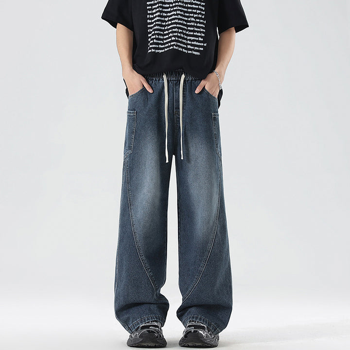 Men's Extra Wide Denim Baggy Pants with Drawstring Waist and Panel Seams Mune Fashion