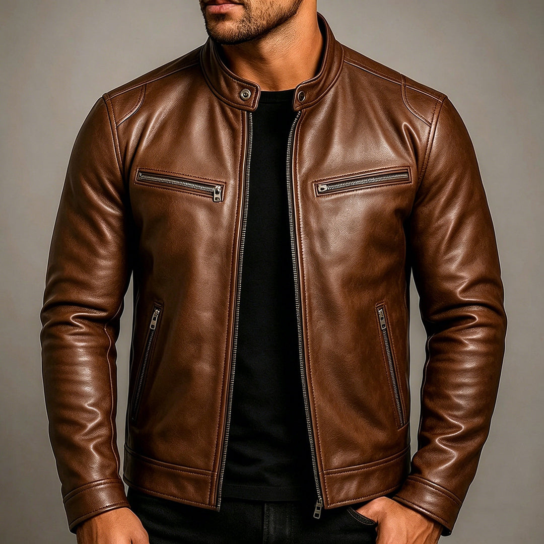 Men's leather jacket in vintage suede look with stand-up collar and zippered pockets Mune Fashion