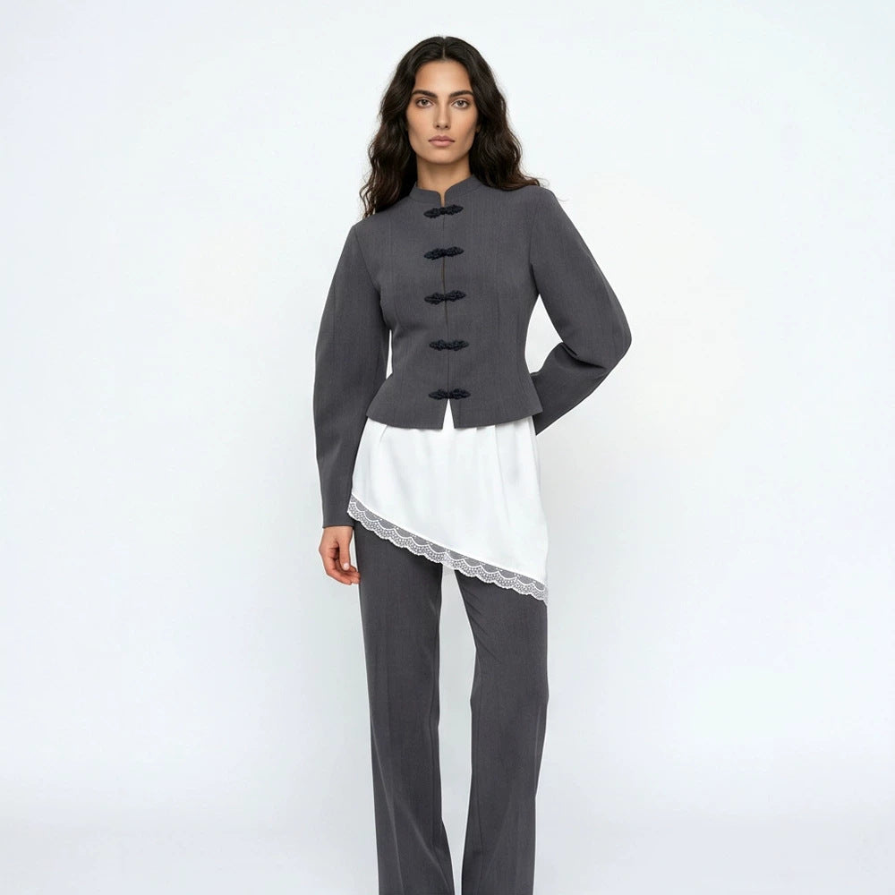 Women's Tailored Cropped Blazer with Mandarin Collar and Decorative Knot Closure Mune Fashion