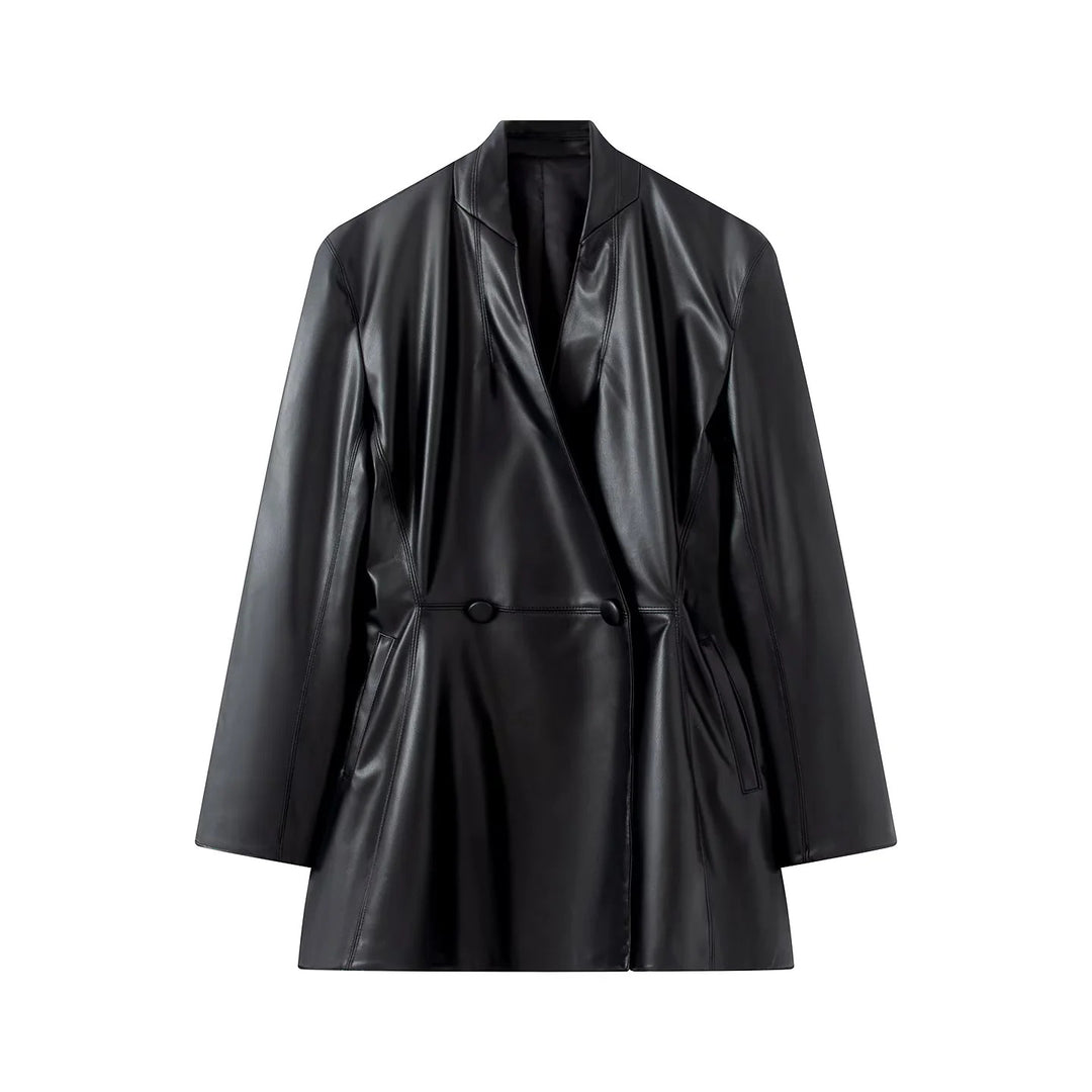 Women's tailored vegan leather look coat blazer with shawl collar, decorative button belt, and slip pockets Mune Fashion