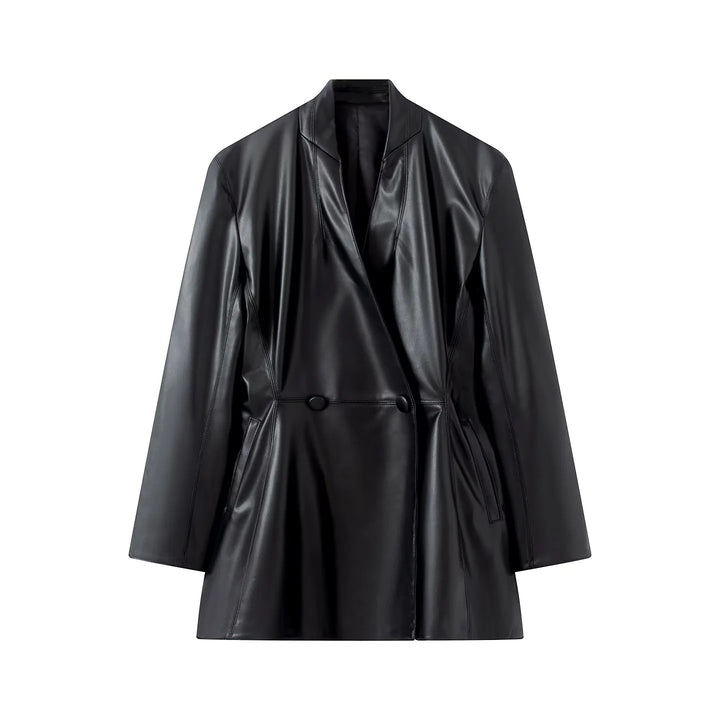 Women's tailored vegan leather look coat blazer with shawl collar, decorative button belt, and slip pockets Mune Fashion