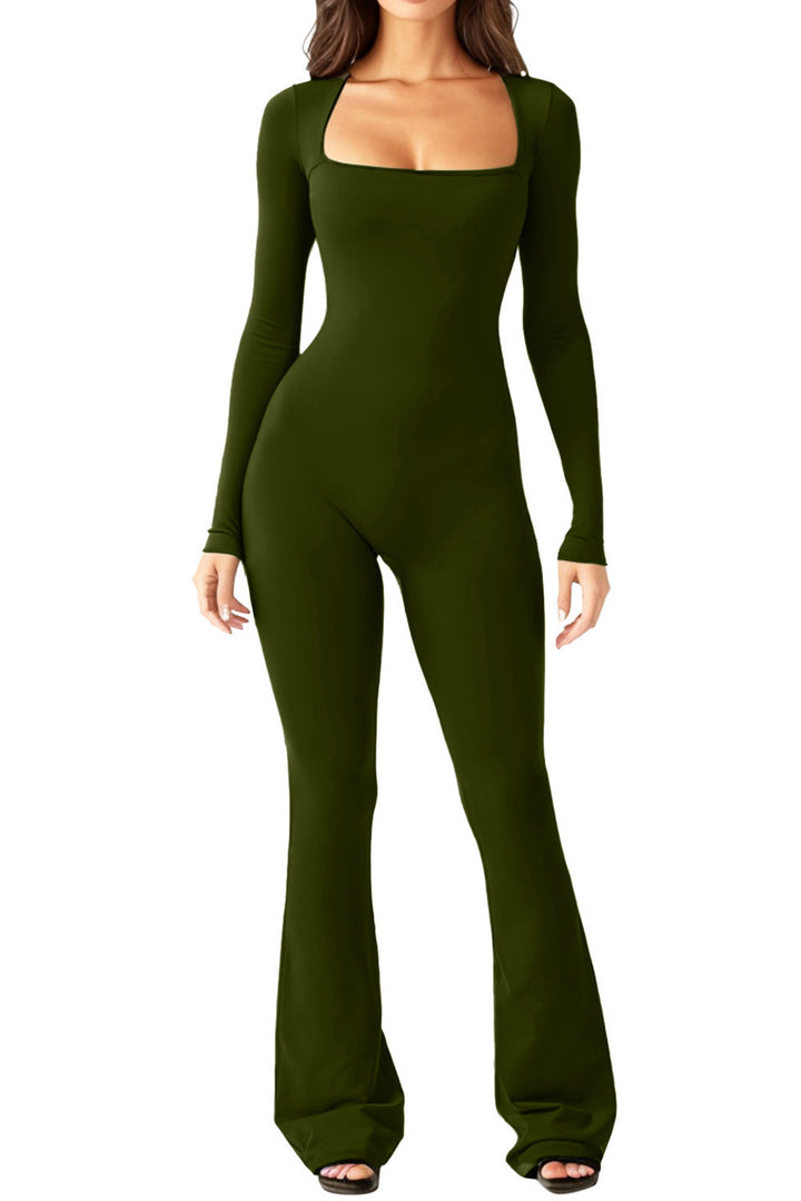 Women's form-fitting long-sleeve jumpsuit with square neckline and flared pants Mune Fashion