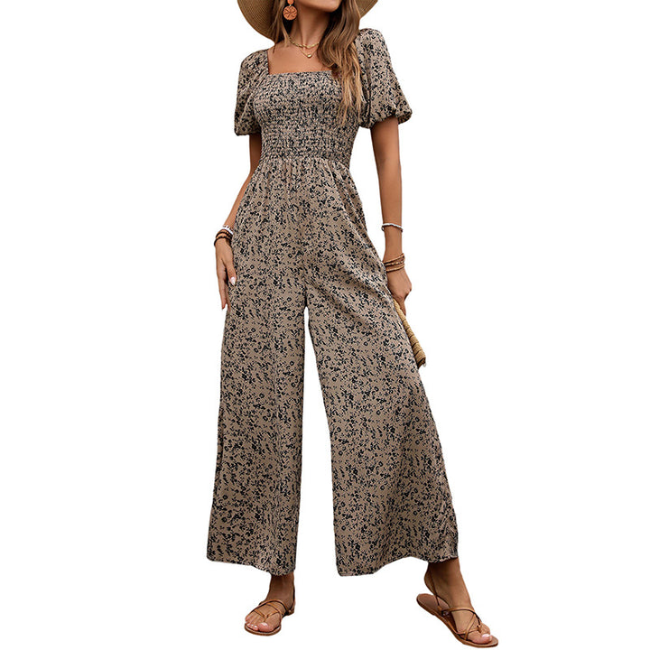 Women's Floral Smocked Jumpsuit with Square Neckline, Puff Sleeves, and Wide Leg Cut Mune Fashion