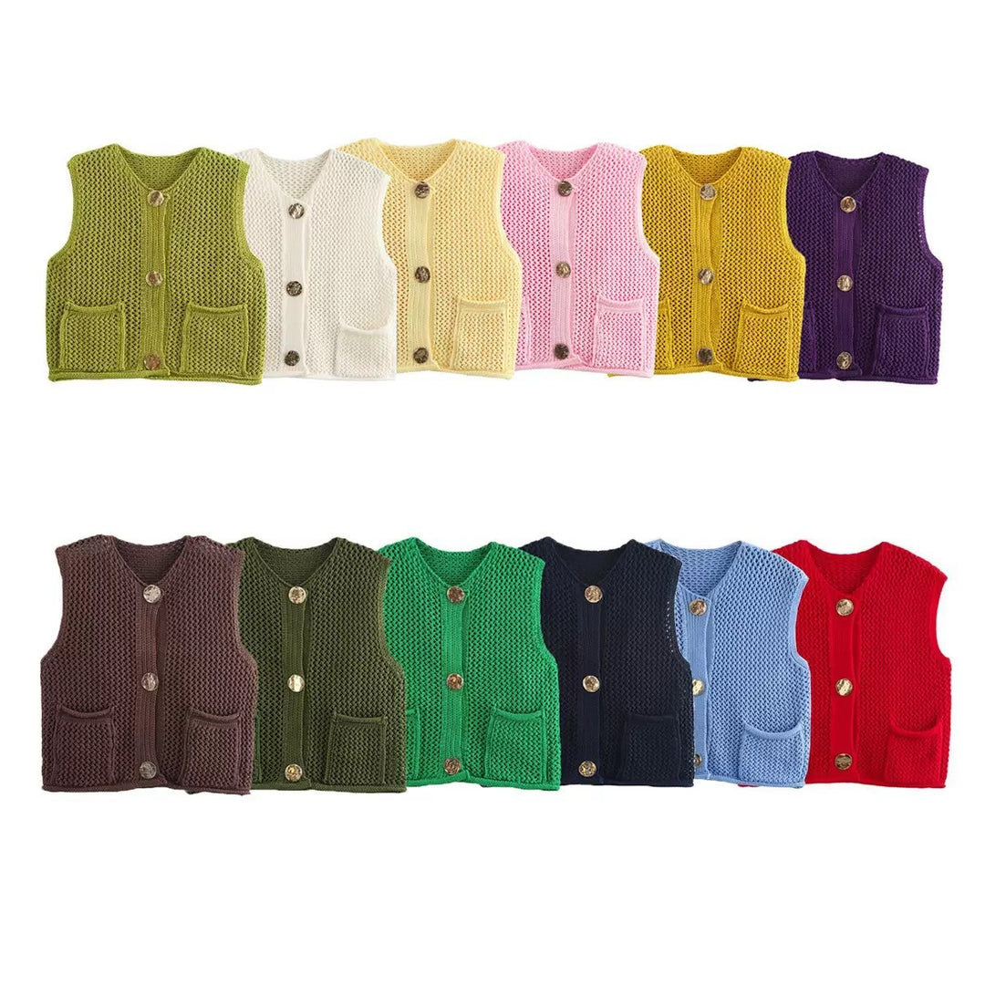 Women's crochet knit vest with large decorative buttons and patch pockets Mune Fashion