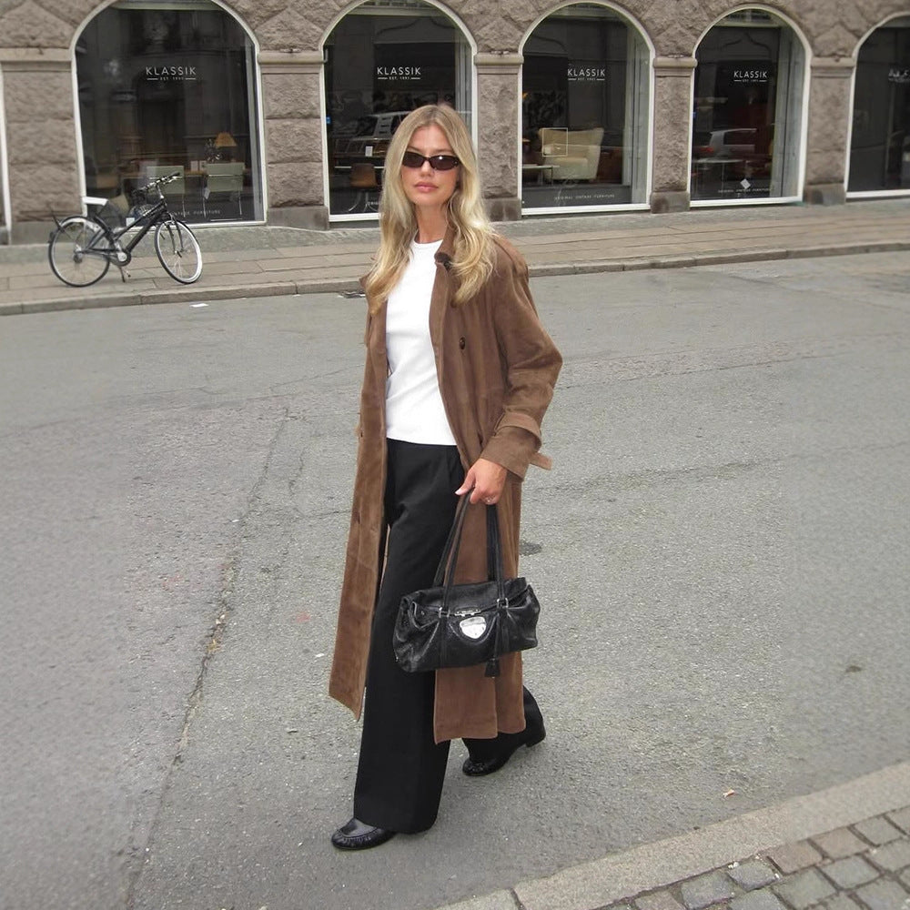 Women's Long Suede Trench Coat with Double-Breasted Buttons Mune Fashion
