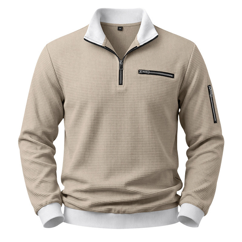 Men's Structured Waffle Sweater with Half-Zip and Zipper Pockets Mune Fashion
