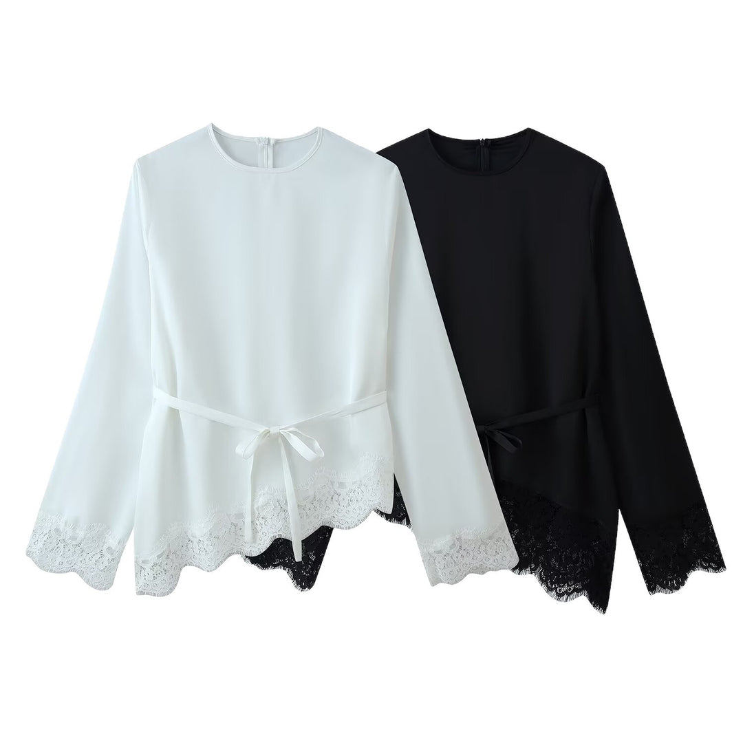 Women's satin blouse with lace trim, scalloped hem, and wide sleeves Mune Fashion
