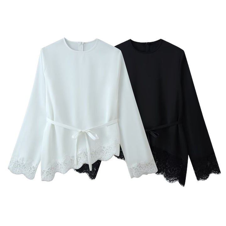 Women's satin blouse with lace trim, scalloped hem, and wide sleeves Mune Fashion