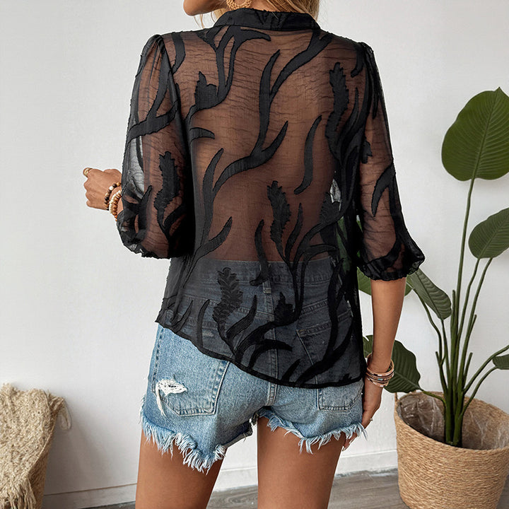 Women's Lightweight Chiffon Blouse with Jacquard Structure, V Button Placket and Three Quarter Sleeves Mune Fashion