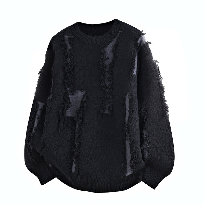 Men's Oversized Knit Sweater with Fringe Applications and Balloon Sleeves Mune Fashion