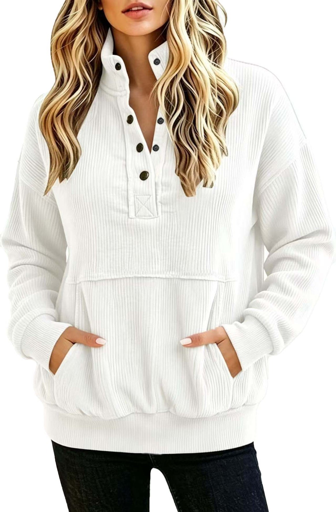 Women's ribbed Henley pullover with stand collar and kangaroo pocket Mune Fashion