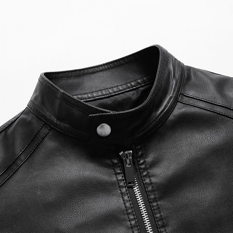 Men's Simple Faux Leather City Jacket with Stand Collar, Two-Way Zipper & Side Pockets Mune Fashion