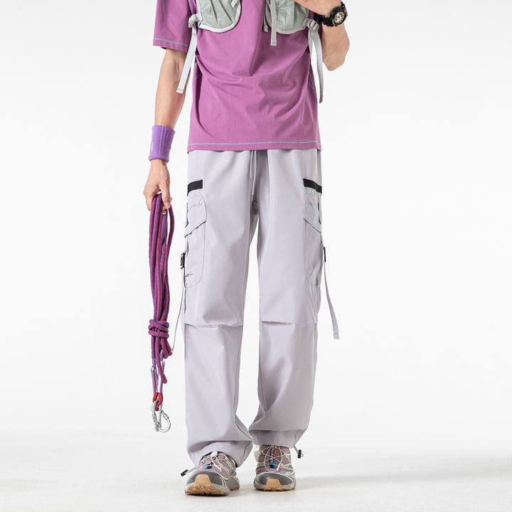 Men's Wide Cargo Pants with Multi-Pockets, Adjustable Drawstring Waistband, and Modular Strap Details Drune