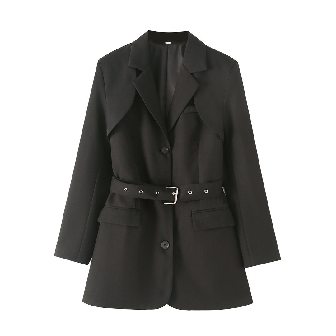 Women's tailored belted blazer with asymmetrical shawl collar and flap pockets Mune Fashion