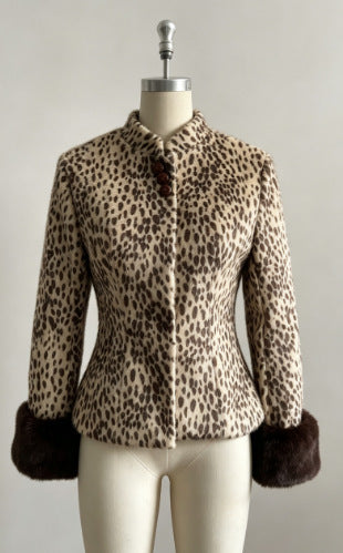 Women's Tailored Short Jacket with Leopard Print and Faux Fur Cuffs Mune Fashion