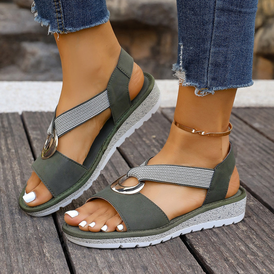 Women's Comfortable Wedge Sandals with Toe Post, Elastic Strap and Decorative Metal Ring Mune Fashion