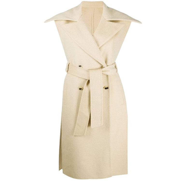 Women's sleeveless tailored wool blend gilet with wide shawl collar and belted tie Mune Fashion