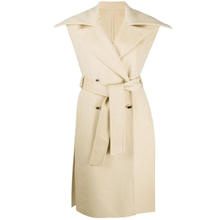 Women's sleeveless tailored wool blend gilet with wide shawl collar and belted tie Mune Fashion