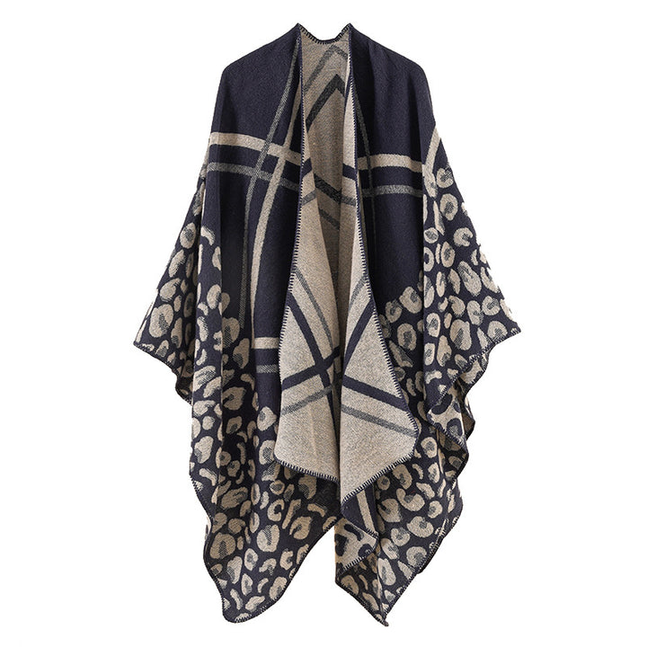 Women's Oversize Ruana Poncho with Jacquard mix, Leopard and check pattern Mune Fashion