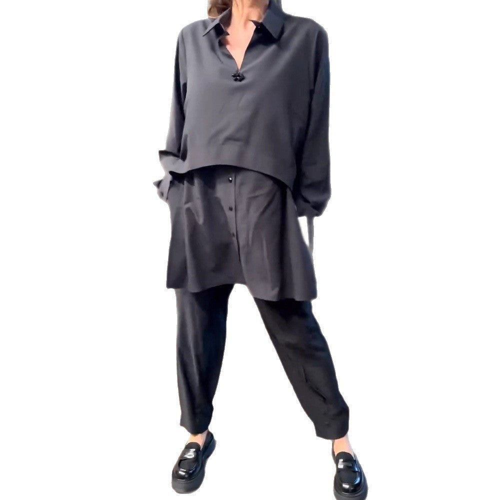 Women's Urban Layered Shirt Set with Overlapping Short Overlay and Tapered Pleated Trousers Mune Fashion