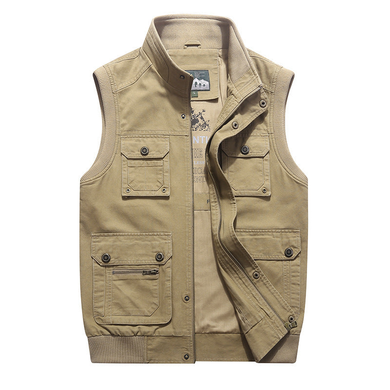 Men's Canvas Utility Vest with Multiple Outer Pockets, Zipper and Stand Collar Mune Fashion