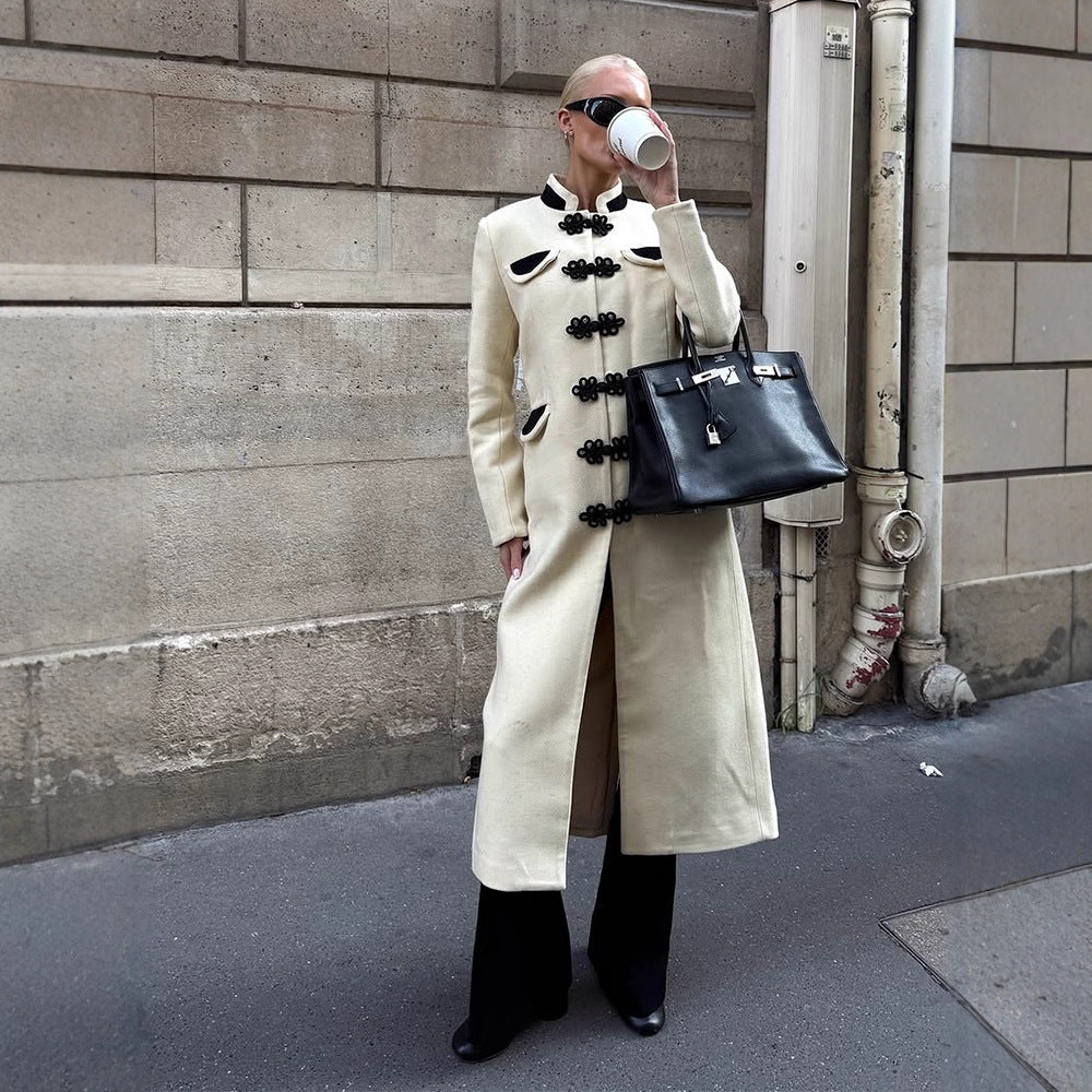 Women's maxi length tailored wool blend coat with stand-up collar and decorative frog closures Mune Fashion
