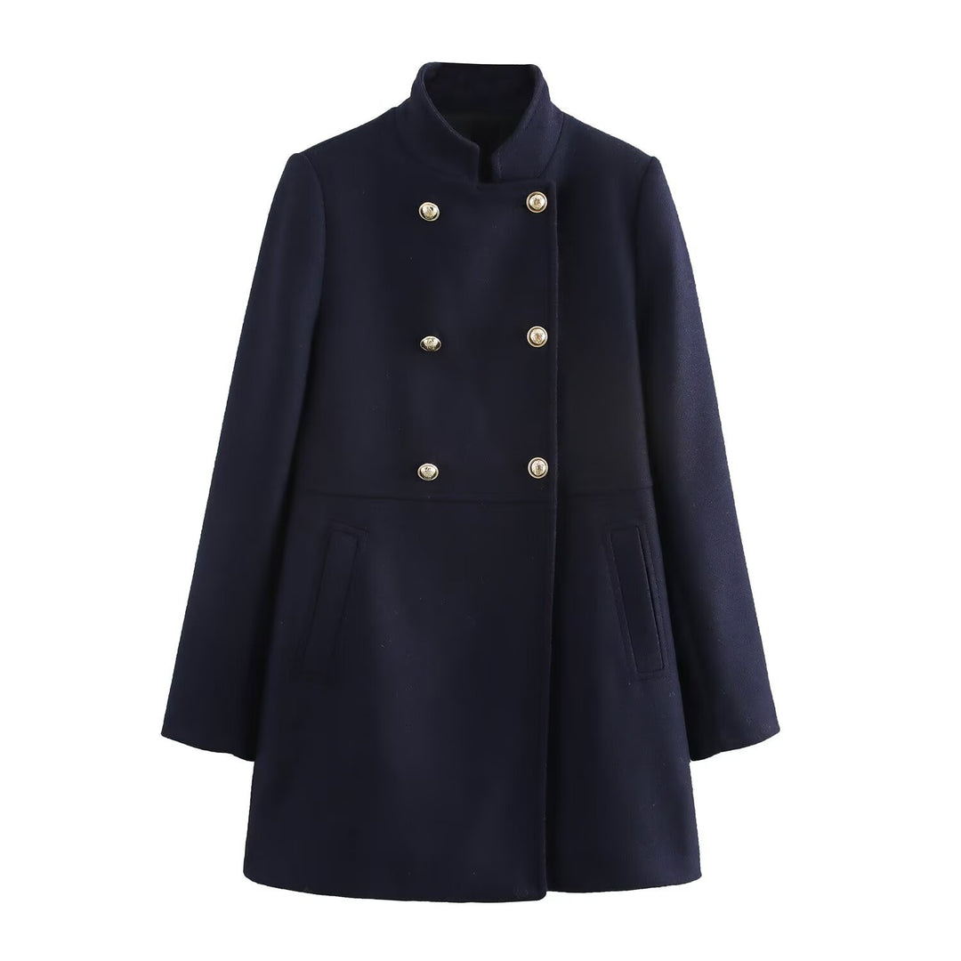 Women's Double-Breasted Wool Blend Coat with Stand Collar and Decorative Buttons Mune Fashion