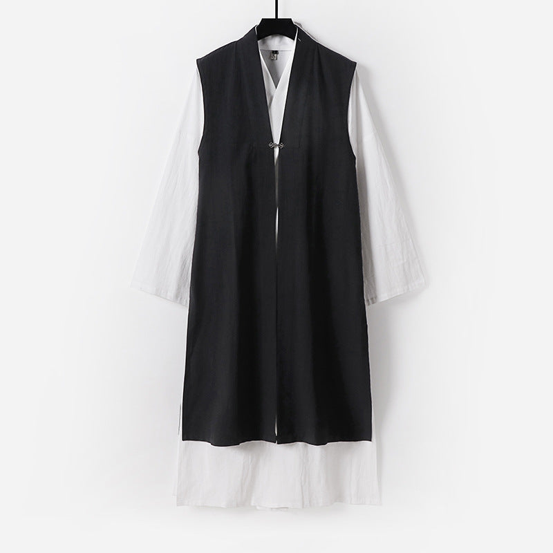 Ladies Long Sleeveless Kimono Vest with Minimalist Lines and Decorative Toggle Closure Mune Fashion