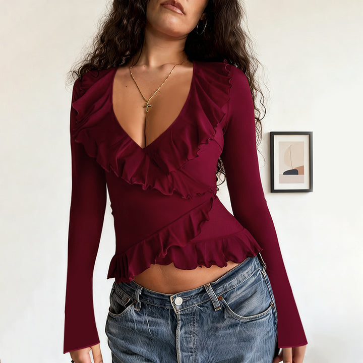 Women's long sleeve shirt with deep V-neck, asymmetric ruffles, and fitted peplum Mune Fashion