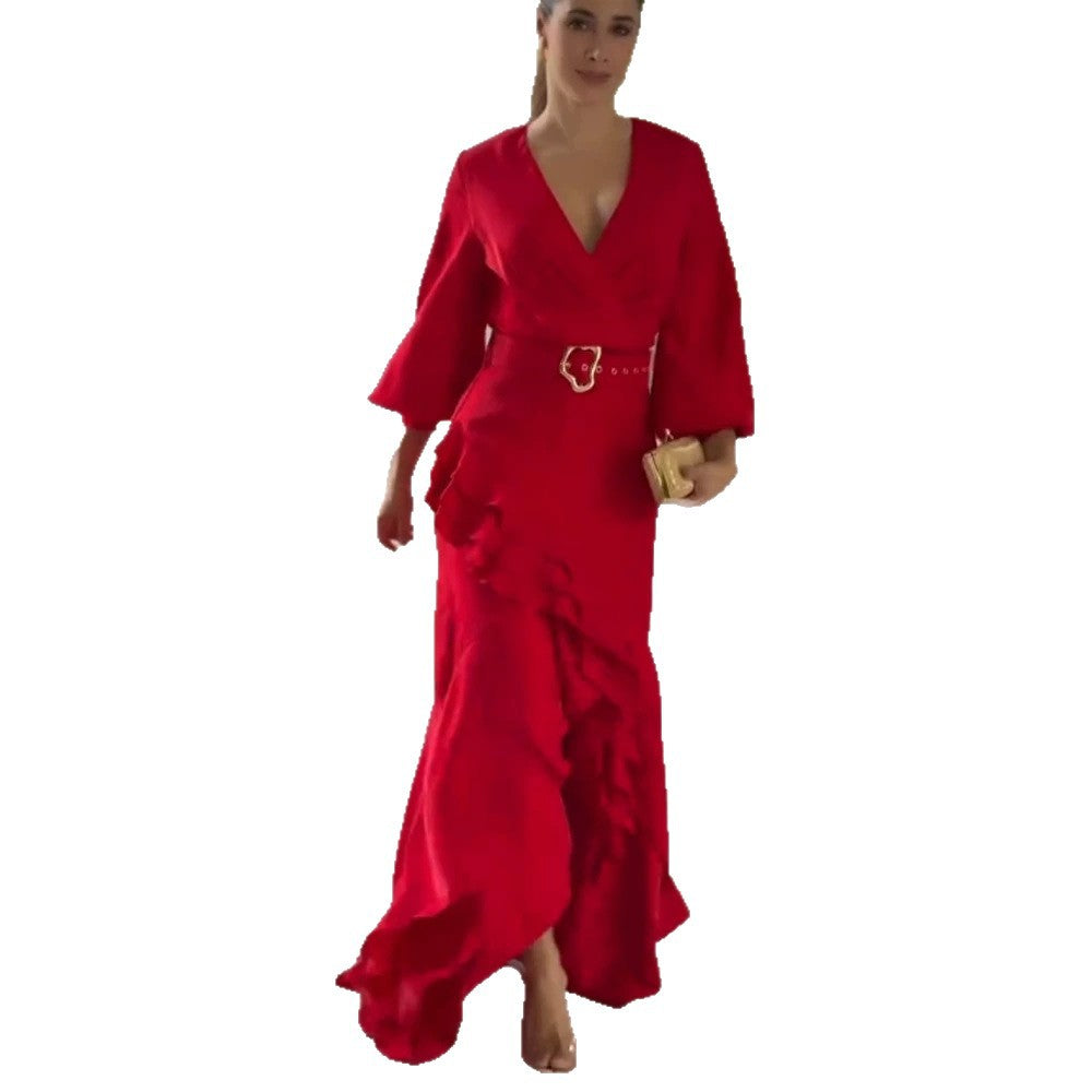Women's Elegant Wrap Maxi Dress with Ruffles, Fitted Belt & Wide Bell Sleeves Mune Fashion