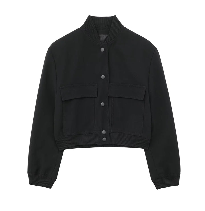 Women's Boxy Cropped Jacket in Worker Look with Flap Pockets and Ribbed Collar Mune Fashion