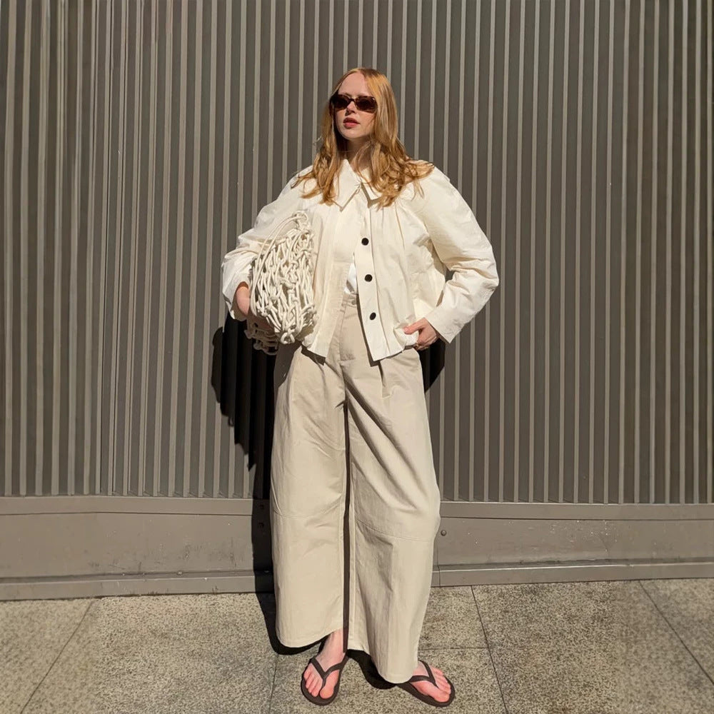 Women's Lightweight Cropped Blouse Jacket with Boxy Silhouette, Oversized Shirt Collar and Balloon Sleeves Mune Fashion