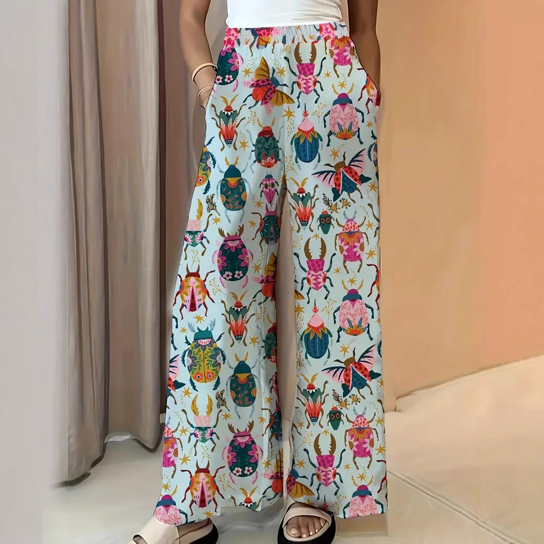 Women's Wide Palazzo Pants with Elastic Waistband and Eye-catching Beetle Print Mune Fashion
