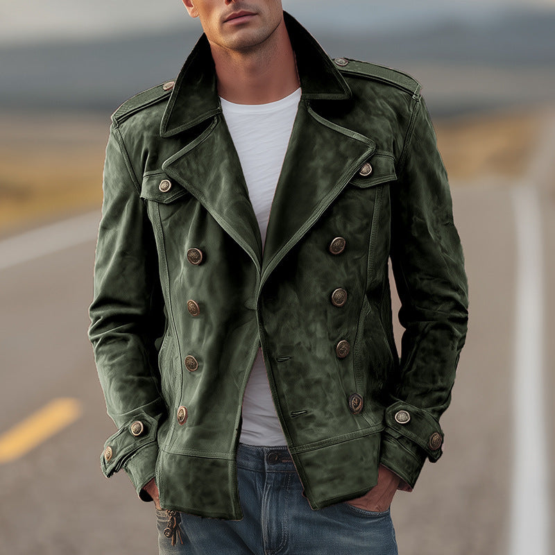 Men's Double-Breasted Suede Jacket in Aviator Style with Epaulettes Mune Fashion
