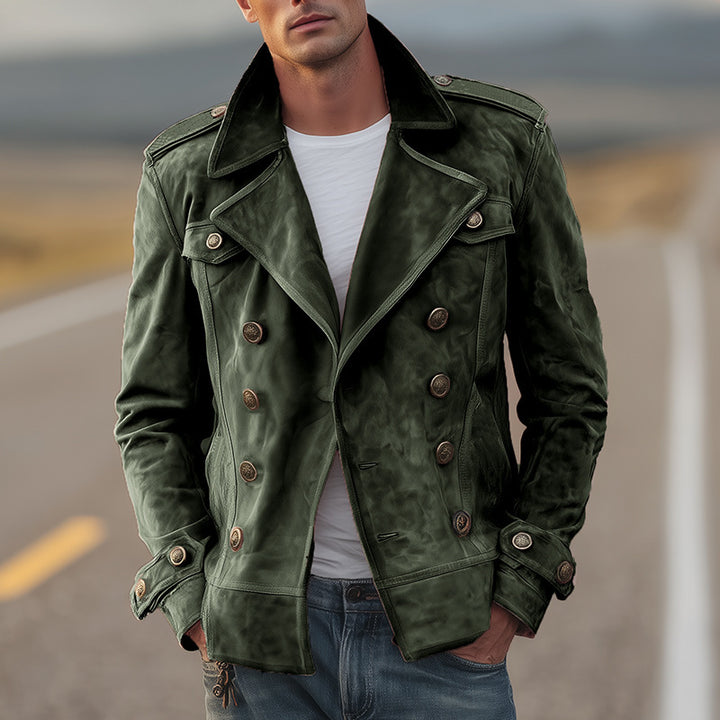 Men's Double-Breasted Suede Jacket in Aviator Style with Epaulettes Mune Fashion