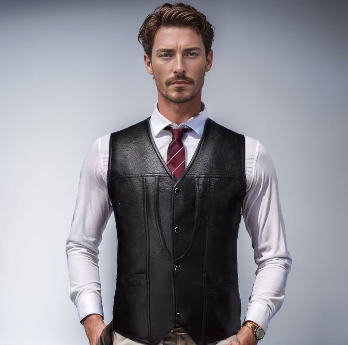 Men's Sleeveless Tailored Leather Vest with V-Neck, Decorative Seams and Button Placket Mune Fashion