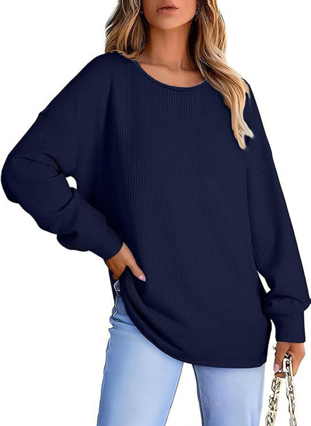 Women's Oversize Waffle Knit Sweater with Round Neck, Balloon Sleeves, and Extended Hem Mune Fashion